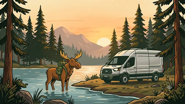 A moose with a backpack next to a camper van at sunset in the Maine woods